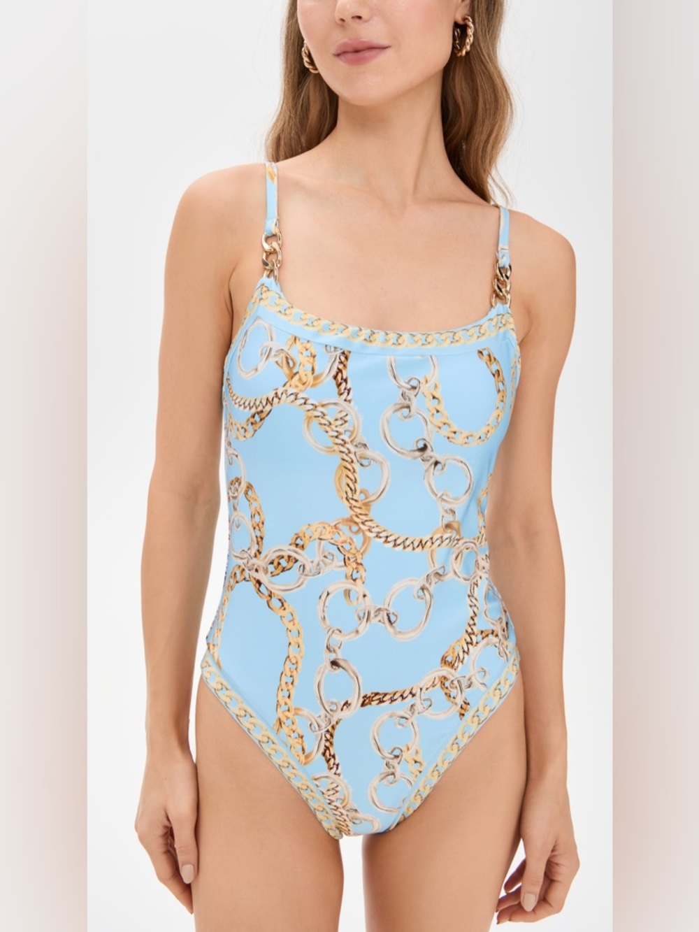L'AGENCE Light Remi One-Piece Swimsuit Blue Chain Print With Gold Accents NWT